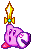sprite of a shocked or frightened kirby lifting a sword and holding meta knight's mask